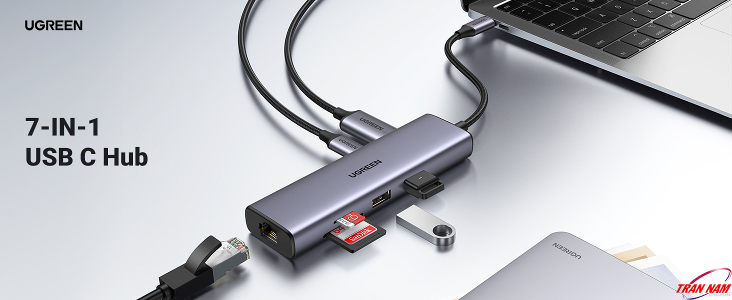 Hub USB Type C 7 in 1 Ugreen 90568 Hỗ Trợ HDMI 4k@30Hz+ USB 3.0+ LAN + SD/TF + PD 100W 7 hub-usb-type-c-7-in-1-ugreen-90568-ho-tro-hdmi-4k30hz-usb-3-0-lan-sd-tf-pd-100w