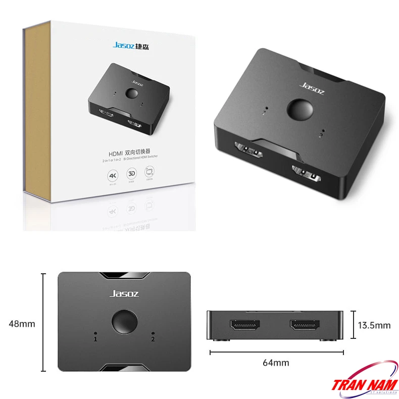 Bộ chia HDMI Jasoz T-G147/G128 – Phiên bản màu đen, hộp chính hãng, thông số kích thước chi tiết Bộ chia HDMI Jasoz T-G147 G128 màu đen – Đóng hộp chính hãng, kích thước 64x48x13.5mm, hỗ trợ HDMI 2 chiều 4K@60Hz