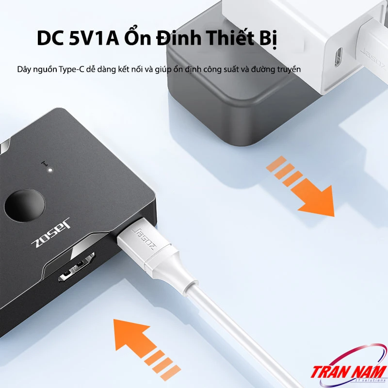 Bộ chia HDMI Jasoz T-G147/G128 – Nguồn DC 5V1A ổn định thiết bị, hỗ trợ 1 ra 2 và 2 vào 1 Bộ chia HDMI Jasoz T-G147 G128 màu đen – Hỗ trợ cấp nguồn DC 5V1A qua cổng Type-C, ổn định tín hiệu HDMI 2 chiều