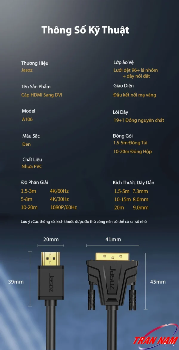 Thông số kỹ thuật cáp HDMI sang DVI Jasoz A106 hỗ trợ 2 chiều, độ phân giải 4K, lõi đồng nguyên chất