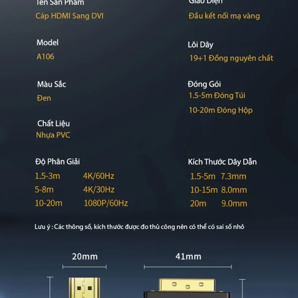 Thông số kỹ thuật cáp HDMI sang DVI Jasoz A106 hỗ trợ 2 chiều, độ phân giải 4K, lõi đồng nguyên chất