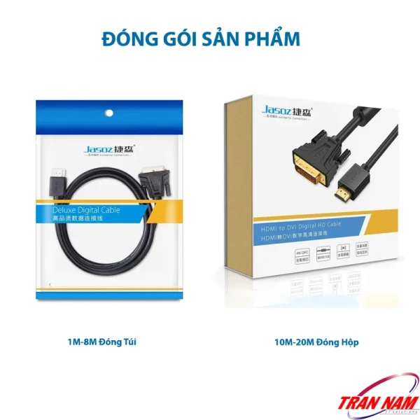 Đóng gói cáp HDMI sang DVI Jasoz A106, loại túi 1M-8M và hộp 10M-20M, hỗ trợ 2 chiều
