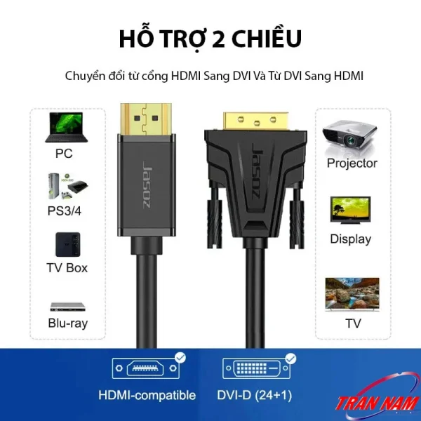 Cáp HDMI sang DVI 2 chiều Jasoz A106 hỗ trợ chuyển đổi HDMI sang DVI và DVI sang HDMI, dùng cho PC, TV Box, PS3/4, máy chiếu, màn hình