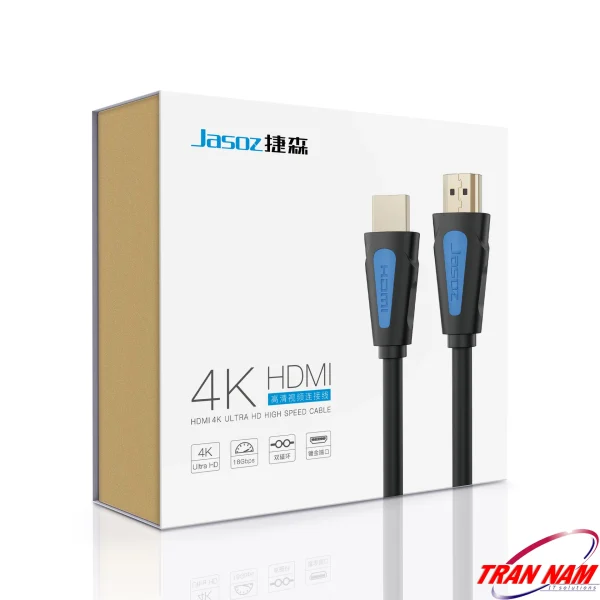 Cáp HDMI 2.0 Dài 0.5M Hỗ Trợ 4K 3D Cao Cấp Jasoz T-A251 17 Hộp đóng gói cáp HDMI Jasoz A118 chính hãng – hỗ trợ 4K Ultra HD, băng thông 18Gbps, đầu mạ vàng – chiều dài 0.5m T-A251, 1m T-A216, 1.5m T-A217, 2m T-A218, 3m T-A219, 5m T-A220, 8m T-A221, 10m T-A222, 12m T-A223, 15m T-A224, 20m T-A225
