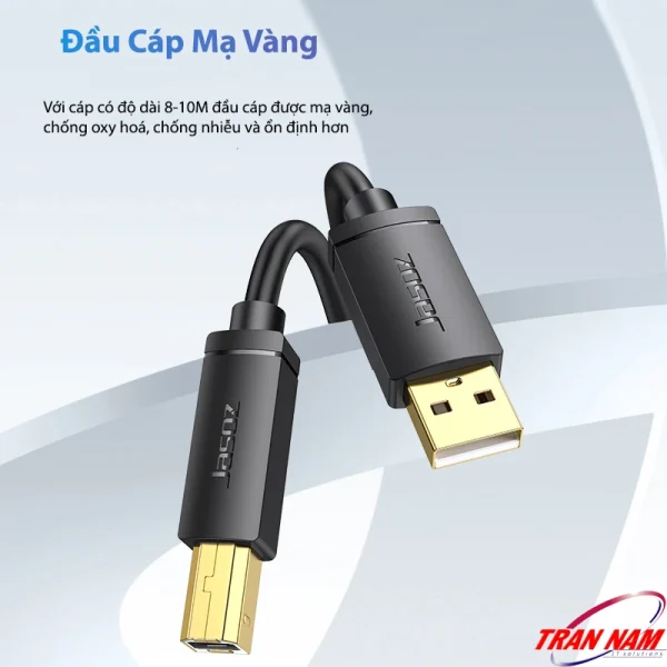 Cáp máy in USB 2.0 AM–BM Jasoz D105 – đầu cáp mạ vàng cho bản 8M–10M, chống oxy hóa, giảm nhiễu, tín hiệu ổn định hơn. SKU: T-D119 8M, T-D120 10M.