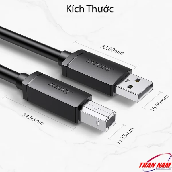 Kích thước đầu cáp máy in USB 2.0 AM–BM Jasoz D105 – đầu USB-A dài 32mm, rộng 15.5mm; đầu USB-B dài 34.5mm, rộng 11.15mm. SKU: T-D139 0.5M, T-D115 1M, T-D116 1.5M, T-D153 2M, T-D117 3M, T-D118 5M, T-D119 8M, T-D120 10M.