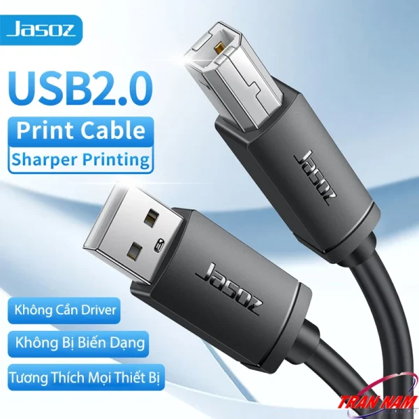 Cáp máy in USB 2.0 AM–BM Jasoz D105 – USB 2.0 Print Cable, hỗ trợ in sắc nét, không cần driver, không bị biến dạng, tương thích mọi thiết bị. SKU: T-D139 0.5M, T-D115 1M, T-D116 1.5M, T-D153 2M, T-D117 3M, T-D118 5M, T-D119 8M, T-D120