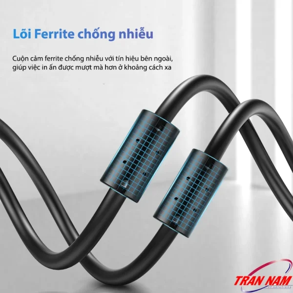 Cáp máy in USB 2.0 AM–BM Jasoz D105 – lõi ferrite chống nhiễu, giúp tín hiệu in ấn ổn định hơn ở khoảng cách xa. SKU: T-D139 0.5M, T-D115 1M, T-D116 1.5M, T-D153 2M, T-D117 3M, T-D118 5M, T-D119 8M, T-D120 10M.