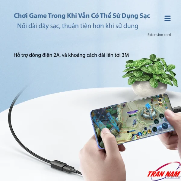 Cáp nối dài USB 3.0 Jasoz D114 hỗ trợ vừa sạc vừa chơi game, dòng điện 2A, độ dài tối đa 3M tiện lợi khi sử dụng điện thoại.