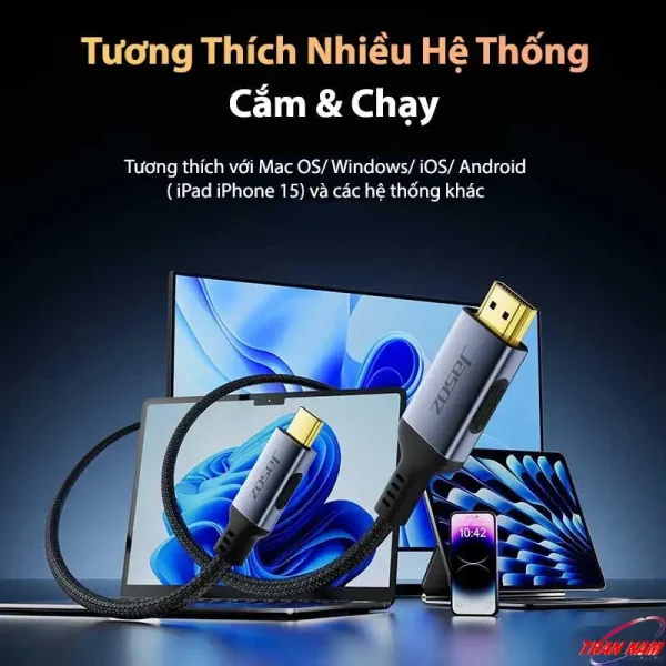Cáp USB Type C to HDMI 4K@60Hz Dài 2M Jasoz T-H102 5 Cáp USB-C to HDMI Jasoz tương thích MacOS, Windows, iOS, Android, iPad, iPhone 15