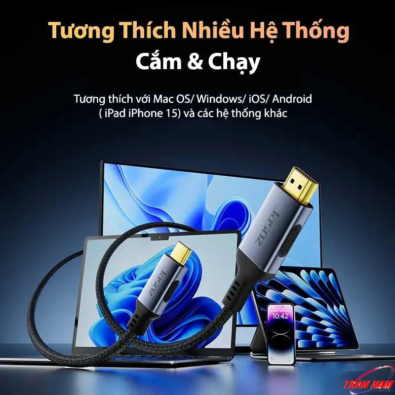 Cáp USB-C to HDMI Jasoz hỗ trợ nhiều hệ điều hành – MacOS, Windows, iOS, Android, iPad, iPhone 15 Cáp USB-C to HDMI Jasoz tương thích MacOS, Windows, iOS, Android, iPad, iPhone 15