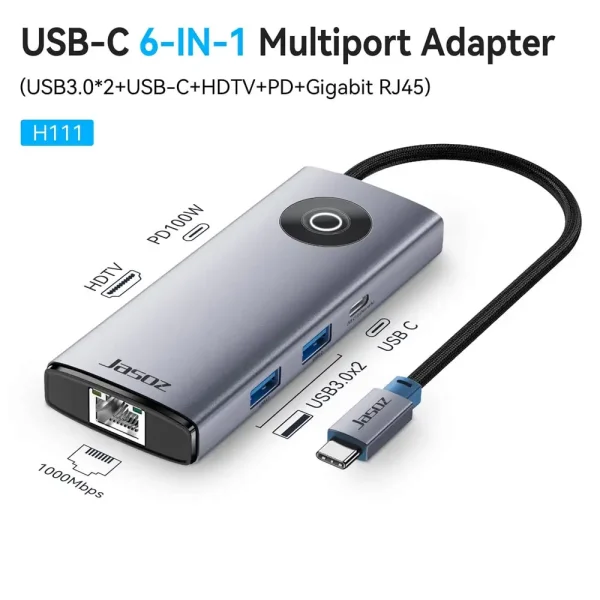 Hub USB-C 6 in 1 Jasoz T-H111 hỗ trợ HDMI 4K, LAN Gigabit 1Gbps, 3 cổng USB 3.0, sạc nhanh PD 100W – mở rộng kết nối cho laptop, MacBook