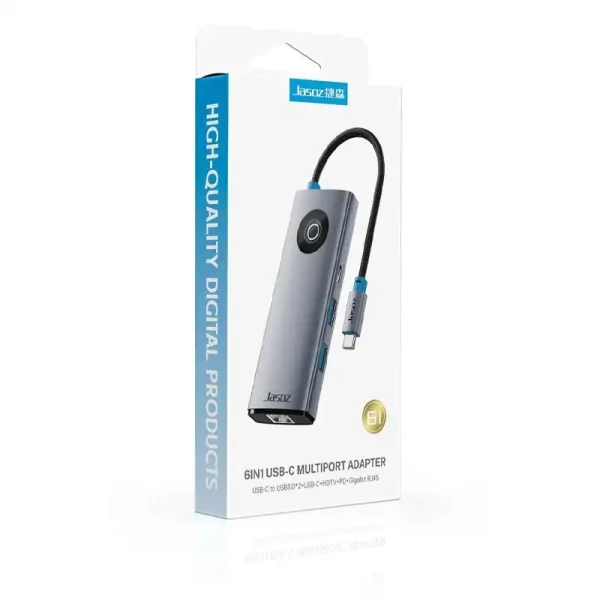 Hộp sản phẩm Hub USB-C 6 in 1 Jasoz T-H111 chính hãng, hỗ trợ HDMI 4K, LAN RJ45 Gigabit, USB 3.0 và sạc nhanh PD 100W