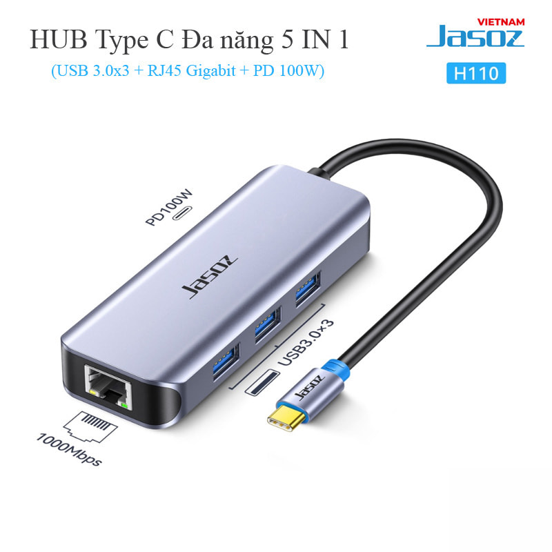 Hub USB Type C Sang 3 Cổng USB + Lan Gigabit Hỗ Trợ Sạc PD 100W Jasoz T-H110 2 hub-usb-type-c-sang-3-cong-usb-lan-gigabit-ho-tro-sac-pd-100w-jasoz-t-h110