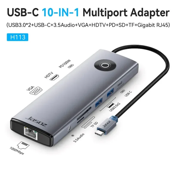 Hub USB Type C 10 in 1 Jasoz T-H113 hỗ trợ HDMI, VGA, LAN Gigabit, USB 3.0, USB-C, SD, TF, Audio 3.5mm, PD 100W