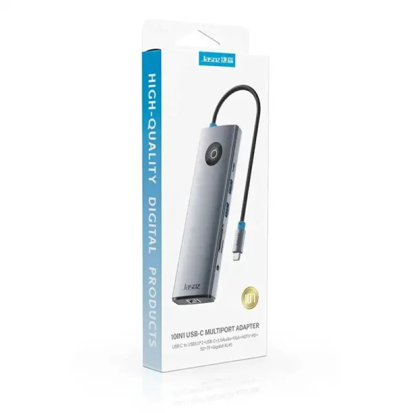 Hộp sản phẩm Hub USB-C 10 in 1 Jasoz T-H113 chính hãng – hỗ trợ HDMI, VGA, LAN Gigabit, USB 3.0, USB-C, SD, TF, Audio 3.5mm và PD 100W