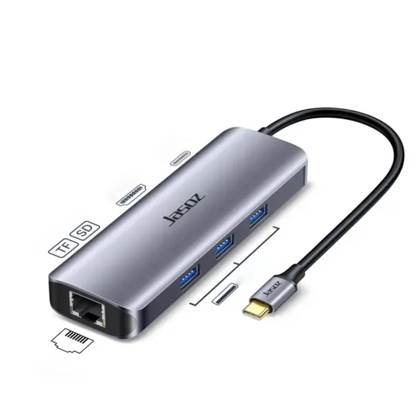 Hub USB Type C 8 in 1 Jasoz T-H112 – HDMI 4K, LAN Gigabit, USB 3.0, SD/TF, PD 100W Hub USB-C 8 in 1 Jasoz T-H112 hỗ trợ HDMI 4K, LAN RJ45 Gigabit, 3 cổng USB 3.0, SD/TF, sạc nhanh PD 100W – phụ kiện mở rộng cổng kết nối cho laptop, MacBook