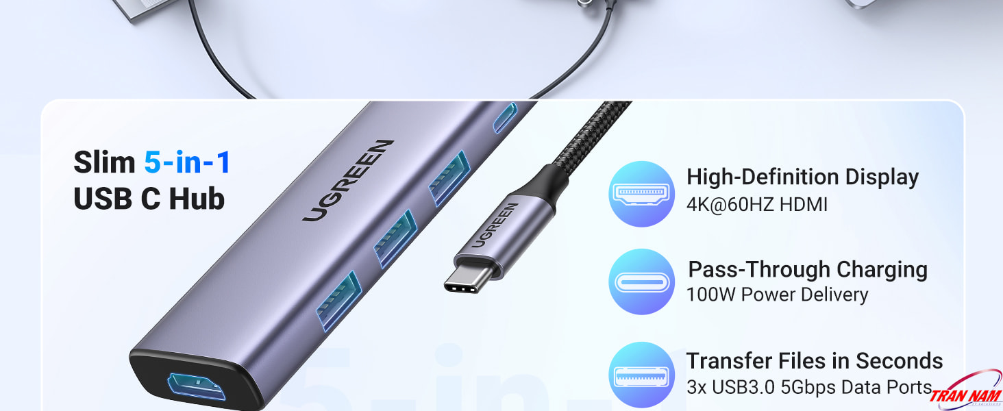 Bộ Chuyển USB Type C Sang HDMI 4K@60Hz Và 3 Cổng USB 3.0+Sạc PD Ugreen 15597 11 bo-chuyen-usb-type-c-sang-hdmi-4k60hz-va-3-cong-usb-3-0sac-pd-ugreen-15597