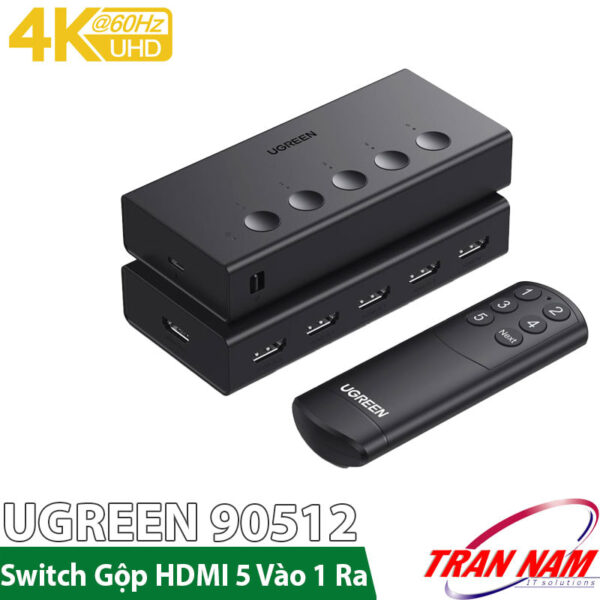 Swich Gộp HDMI 5 Vào 1 Ra Hỗ Trợ 4K@60Hz Có Điều Khiển Ugreen 90512 CM568