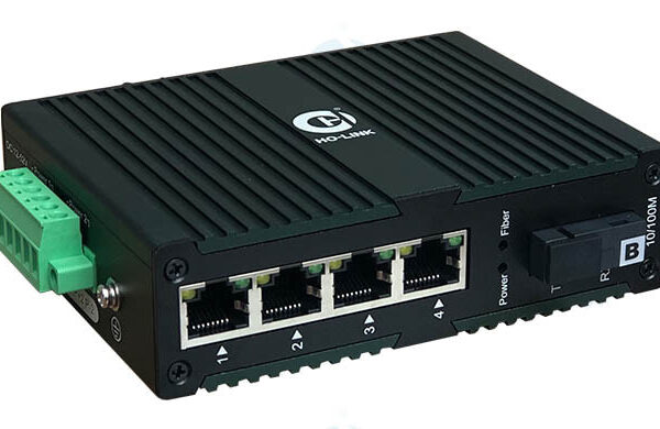 Switch chuyển quang công nghiệp 1 cổng SC sang 4 Cổng LAN Tốc Độ 100Mbps HO-LINK HL-IES-1FX4TX-20