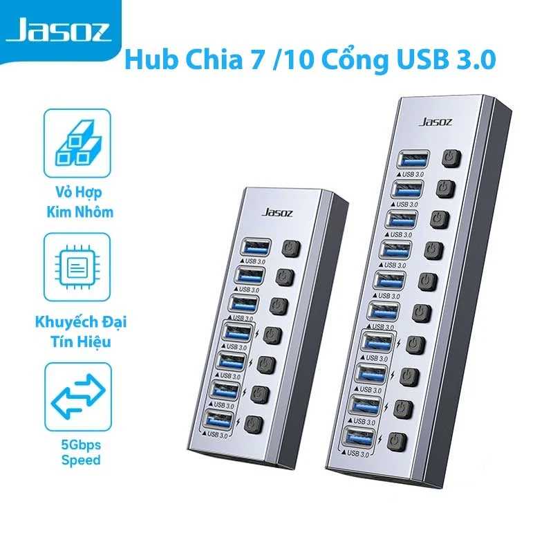 Hub USB 3.0 Jasoz T-F164 và Jasoz T-F165 – Bộ chia USB 3.0 sang 7 cổng và 10 cổng có công tắc, hỗ trợ nguồn phụ 12V2A, tốc độ 5Gbps, chipset GL3510, sạc nhanh 2.4A