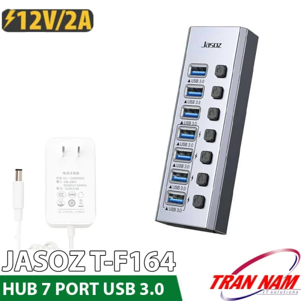 Bộ chia USB 3.0 Jasoz T-F164, Hub USB 7 cổng có công tắc độc lập, hỗ trợ nguồn phụ 12V 2A, tốc độ 5Gbps, sạc nhanh 2.4A, dùng cho laptop, PC, TV Box