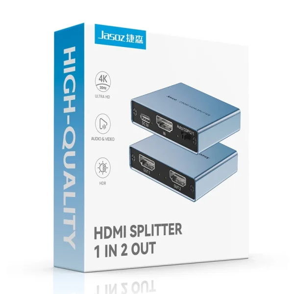 Hộp sản phẩm Bộ Chia HDMI 1 Ra 2 Jasoz T-G176 – HDMI Splitter hỗ trợ 4K@30Hz, chia 1 cổng HDMI ra 2 màn hình, vỏ hợp kim nhôm cao cấp