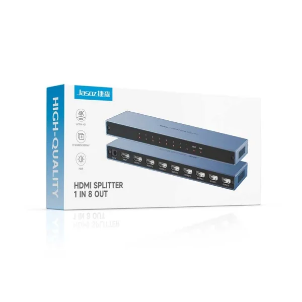 Hộp sản phẩm Bộ Chia HDMI 1 Ra 8 Jasoz T-G178 – HDMI Splitter 1 in 8 out hỗ trợ 4K30Hz, HDR, Full HD, chia 1 cổng HDMI ra 8 màn hình giống nhau