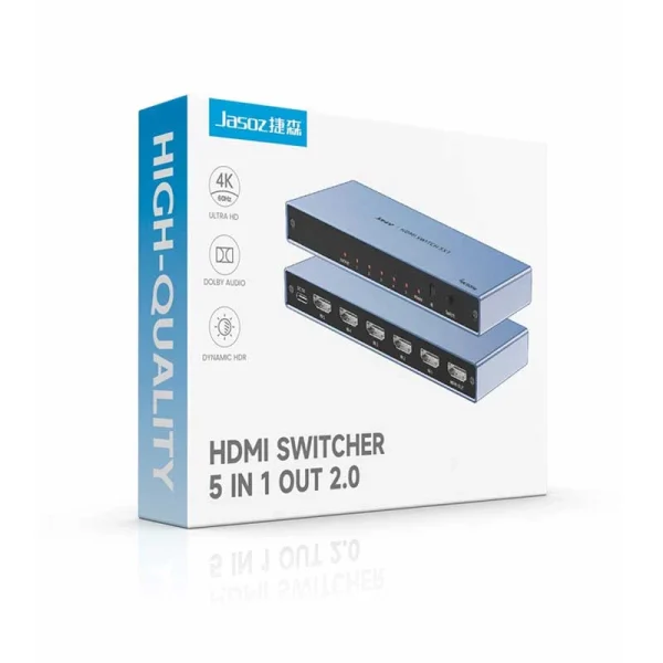 Hộp sản phẩm Jasoz T-G180 – Bộ gộp HDMI 5 vào 1 ra, HDMI Switch 5x1 hỗ trợ 4K@60Hz HDR Dolby.