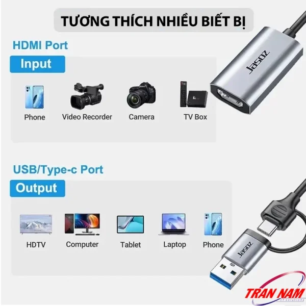Cáp ghi hình Jasoz T-G158 HDMI to USB-A/Type-C tương thích nhiều thiết bị: Camera, TV Box, Phone, Laptop, Tablet, HDTV