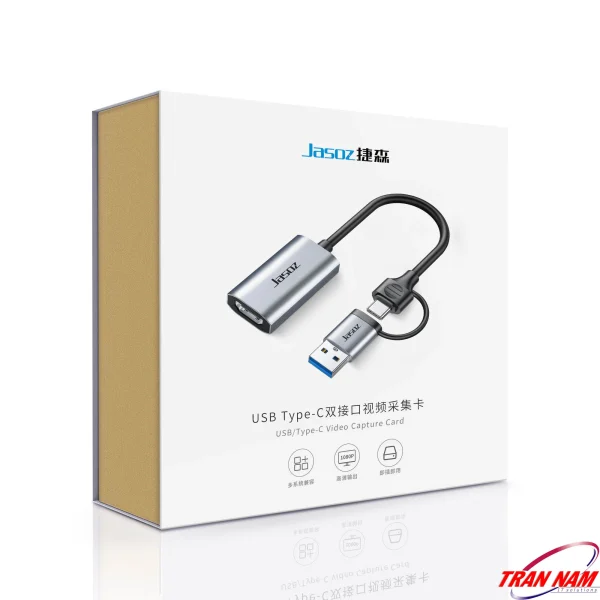 Hộp sản phẩm Jasoz T-G158 – Cáp ghi hình livestream HDMI sang USB-A Type-C, hỗ trợ 4K input 60Hz, output 1080P