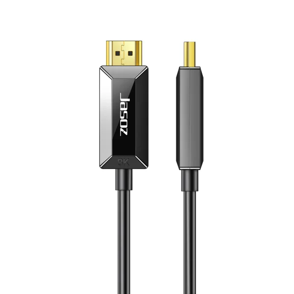 Cáp HDMI 2.1 Sợi Quang Jasoz A133 – ảnh trực diện đầu cáp mạ vàng, lõi quang OM3 + 7 lõi đồng – hỗ trợ 8K@60Hz, 4K@120Hz, HDR10+, Dolby Vision, eARC, VRR – Optical HDMI Cable 48Gbps – chiều dài từ 5m đến 100m – SKU Jasoz T-A306 T-A307 T-A308 T-A309 T-A310 T-A311 T-A313 T-A314 T-A315 T-A316 T-A317 T-A318 T-A319