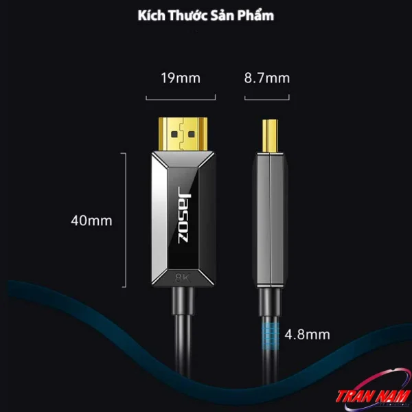 Kích thước cáp HDMI 2.1 Sợi Quang Jasoz A133 – đầu cáp dài 40mm, rộng 19mm, dày 8.7mm, đường kính dây OD 4.8mm – dây HDMI Optical chuẩn 2.1 hỗ trợ 8K60Hz, 4K120Hz, HDR10+, eARC, VRR – truyền xa tới 100m – SKU Jasoz T-A306 đến T-A319