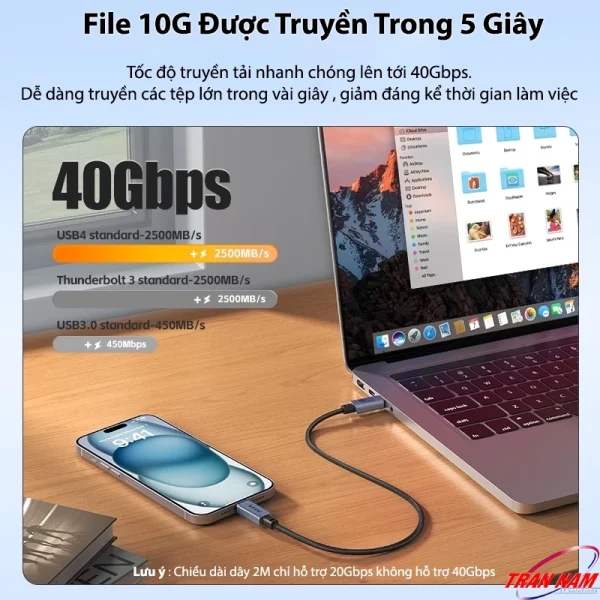 Cáp USB4 Jasoz D119 USB-C to USB-C hỗ trợ truyền dữ liệu siêu nhanh 40Gbps, tốc độ sao chép file 10GB chỉ trong 5 giây. Dùng chung cho SKU T-D200, T-D201, T-D202, T-D215, T-D203.