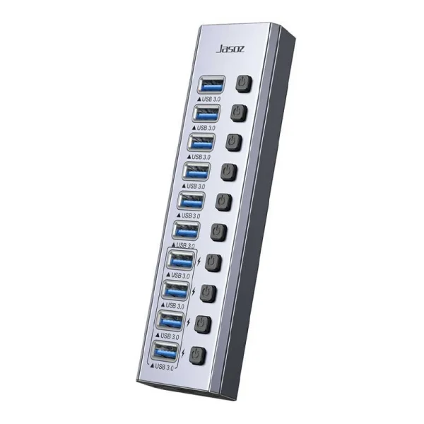 Hub USB 10 cổng 3.0 Jasoz T-F165, bộ chia USB 3.0 tốc độ cao 5Gbps, có công tắc riêng từng cổng, thiết kế hợp kim nhôm, dùng cho laptop, PC, ổ cứng ngoài