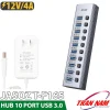 Hub USB 10 cổng 3.0 Jasoz T-F165, bộ chia USB 3.0 tốc độ cao 5Gbps, có công tắc từng cổng và nguồn phụ 12V/4A, dùng cho ổ cứng, laptop, PC, thiết bị văn phòng