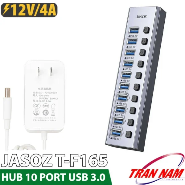 Hub USB 10 cổng 3.0 Jasoz T-F165, bộ chia USB 3.0 tốc độ cao 5Gbps, có công tắc từng cổng và nguồn phụ 12V/4A, dùng cho ổ cứng, laptop, PC, thiết bị văn phòng