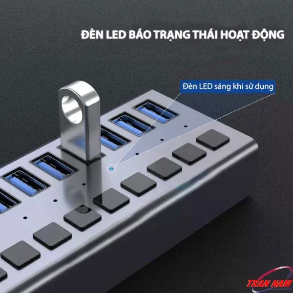 Hub USB 3.0 Jasoz T-F164 và T-F165, bộ chia USB 7-10 cổng có đèn LED báo trạng thái hoạt động, tốc độ 5Gbps, hỗ trợ nguồn phụ, thiết kế hợp kim nhôm, công tắc riêng từng cổng