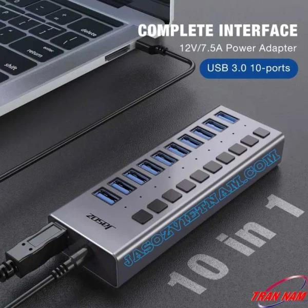 Hub USB 3.0 10 cổng Jasoz T-F165, bộ chia USB 3.0 tốc độ cao 5Gbps, có nguồn phụ 12V/7.5A, thiết kế hợp kim nhôm, công tắc riêng từng cổng, dùng cho PC, laptop, ổ cứng