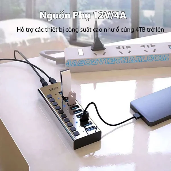 Hub USB 3.0 Jasoz T-F164 7 cổng và Jasoz T-F165 10 cổng, trang bị nguồn phụ 12V/4A, hỗ trợ ổ cứng gắn ngoài dung lượng lớn từ 4TB trở lên, truyền dữ liệu tốc độ cao 5Gbps