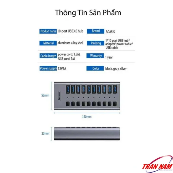 Thông số kỹ thuật Hub USB 3.0 Jasoz T-F164 7 cổng và Jasoz T-F165 10 cổng, bộ chia USB 3.0 tốc độ 5Gbps, hỗ trợ nguồn phụ 12V2A, sạc nhanh 2.4A, vỏ nhôm tản nhiệt
