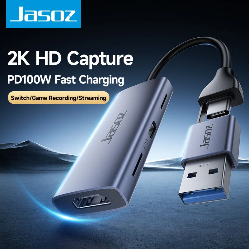 Thiết bị ghi hình Jasoz T-G190 Video Capture Card HDMI sang USB-A Type-C hỗ trợ 2K HD và PD100W cho live stream gaming