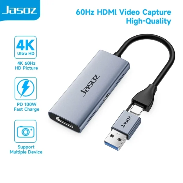 Thiết bị ghi hình Jasoz T-G190 Video Capture Card HDMI sang USB-A Type-C hỗ trợ 4K 60Hz, PD100W và đa thiết bị