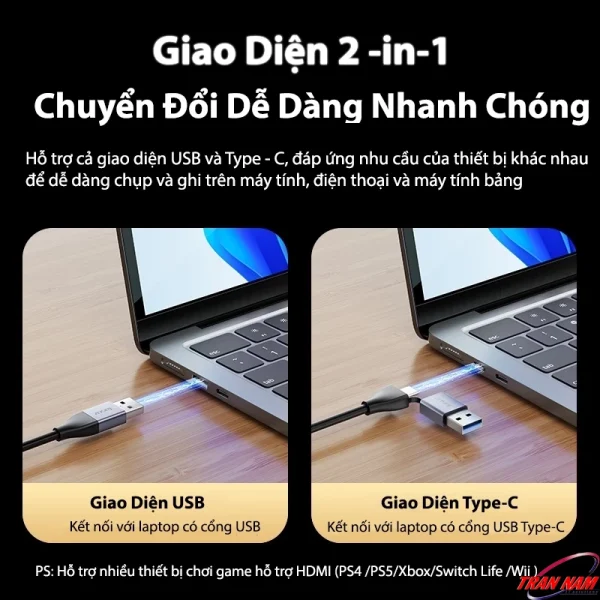 Thiết bị ghi hình Jasoz T-G190 Video Capture Card HDMI sang USB-A và USB-C, giao diện 2-in-1 dùng cho laptop, PC, PS4, PS5, Xbox, Switch