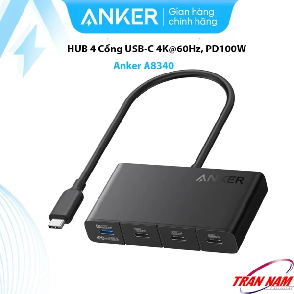 Bộ chia USB-C Anker A8340 mở rộng 1 cổng thành 4 cổng USB-C tốc độ 10Gbps, hỗ trợ xuất hình 4K@60Hz và sạc nhanh PD100W, thiết kế hợp kim nhôm cao cấp, dây bọc dù bền bỉ.