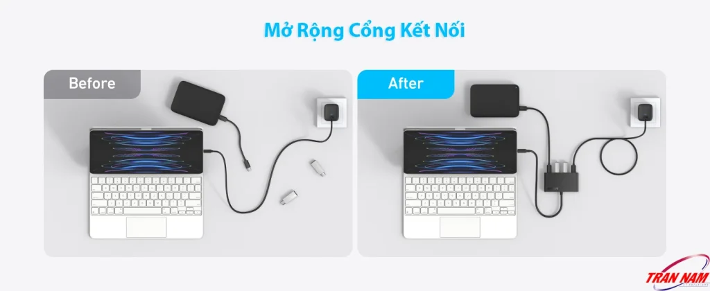 Bộ Chia Cổng USB-C Sang 4 Cổng USB-C Tốc Độ 10Gbps ,Hỗ Trợ 4K@60Hz, Sạc PD 100W Anker A8340 10 So sánh trước và sau khi sử dụng hub USB-C 4 cổng Anker A8340: mở rộng kết nối thiết bị, sạc nhanh PD100W và truyền dữ liệu 10Gbps giúp bàn làm việc gọn gàng, chuyên nghiệp hơn.