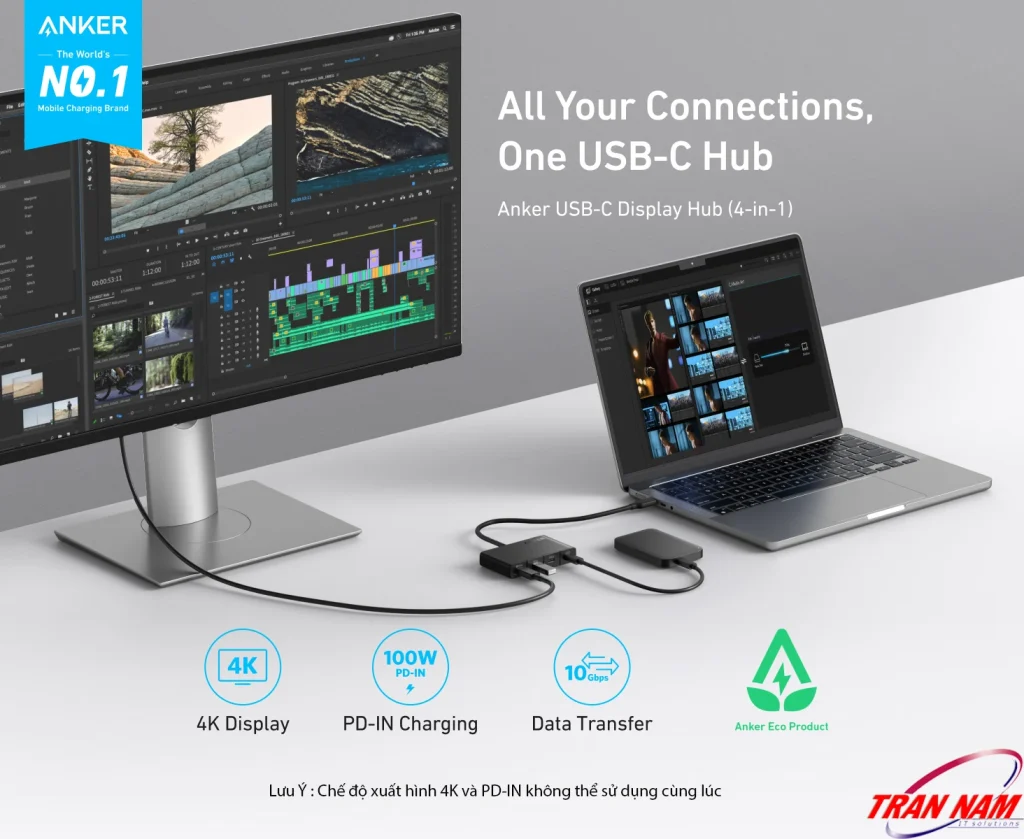 Bộ Chia Cổng USB-C Sang 4 Cổng USB-C Tốc Độ 10Gbps ,Hỗ Trợ 4K@60Hz, Sạc PD 100W Anker A8340 8 Hub USB-C Anker A8340 (4-in-1) hỗ trợ 4K Display, sạc nhanh PD100W và truyền dữ liệu 10Gbps, giúp kết nối màn hình, ổ cứng và laptop dễ dàng trong cùng một thiết bị nhỏ gọn.