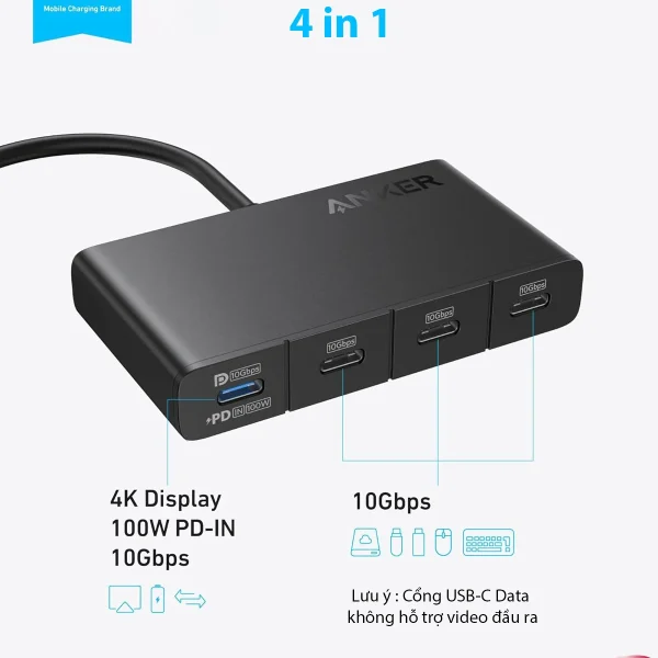 Hub USB-C 4 trong 1 Anker A8340 hỗ trợ 4 cổng USB-C tốc độ 10Gbps, sạc nhanh PD100W và xuất hình 4K@60Hz, thiết kế nhôm cao cấp, tương thích MacBook, iPad Pro, Dell XPS.