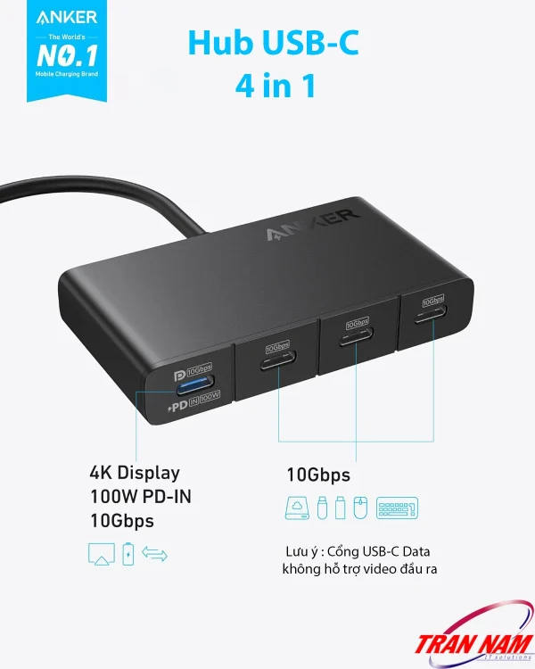 Hub USB-C 4 trong 1 Anker A8340 hỗ trợ 4 cổng USB-C tốc độ 10Gbps, sạc nhanh PD100W và xuất hình 4K@60Hz, thiết kế nhôm cao cấp, tương thích MacBook, iPad Pro, Dell XPS.
