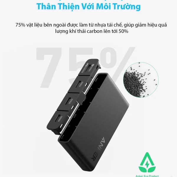 Hub USB-C 4 cổng Anker A8340 được làm từ vật liệu tái chế thân thiện môi trường, giúp giảm phát thải carbon đến 50%, thiết kế bền vững và cao cấp.